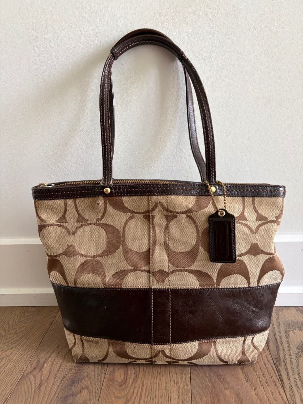 Coach Signature Brown Canvas Tote Bag- Leather Trim